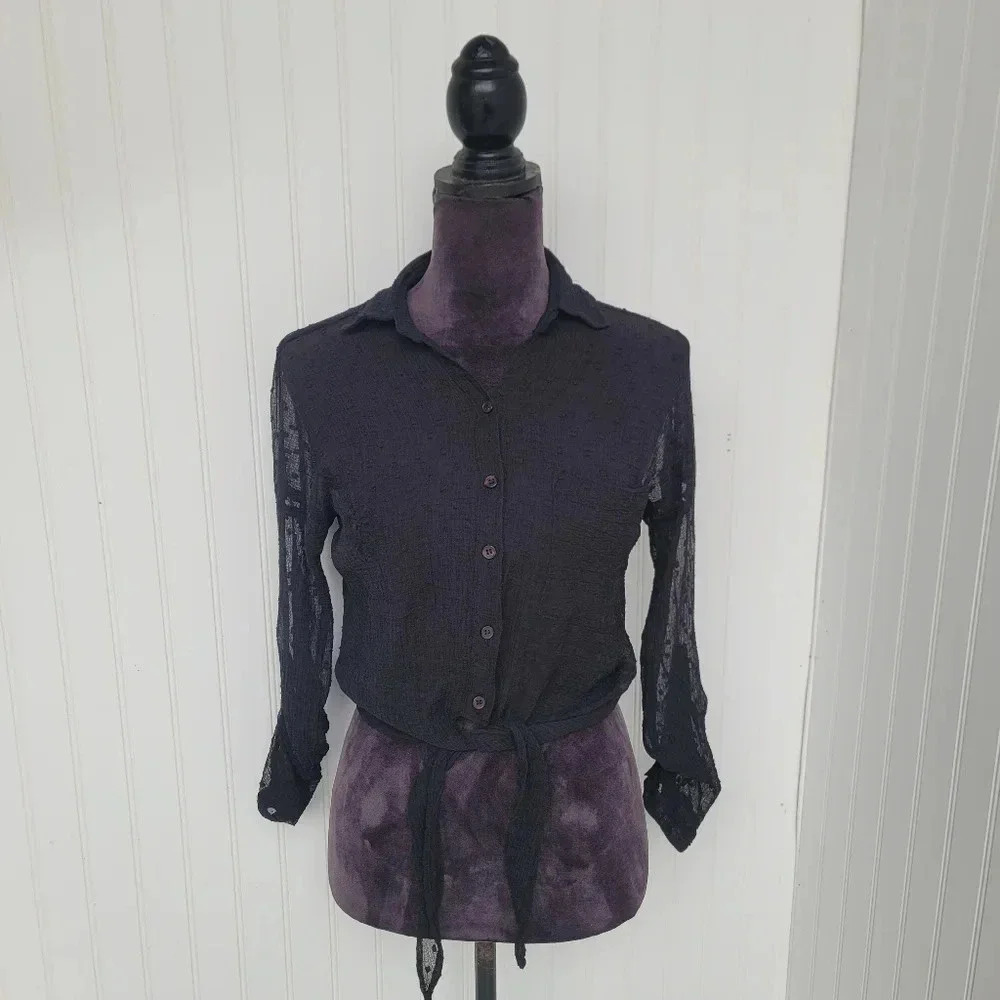 Black Angie Semi Sheer Long Sleeve Blouse Top Women’s Black Cropped Tie Polka L